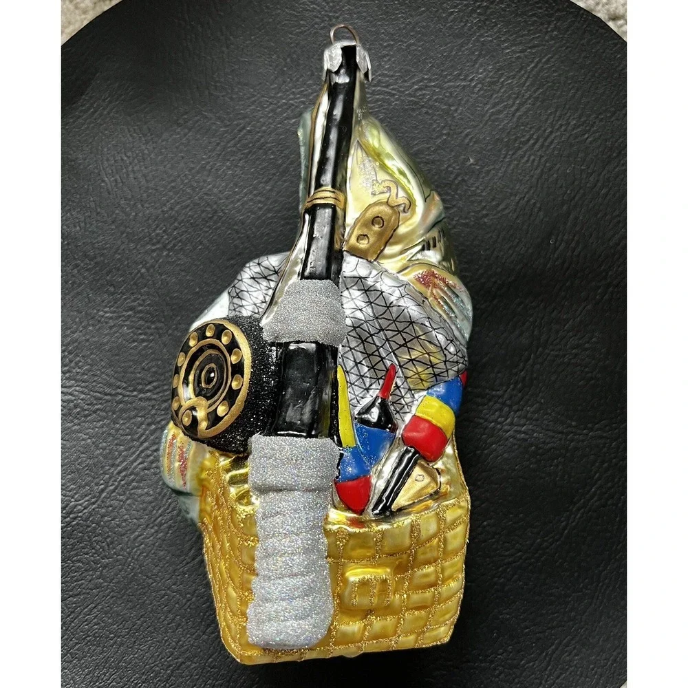Slavic Treasures Poland Blown Glass Xmas Ornament Fishing Pole, Bag and Fish